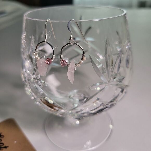 NWT Loot & Love 925 Sterling Silver Earrings Pearl Rose Quartz Crystal - Picture 3 of 4